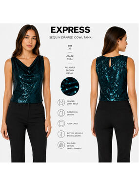 Express XS Teal Sequin Cowl Neck Tank Top Sleeveless Keyhole Back NWT Party